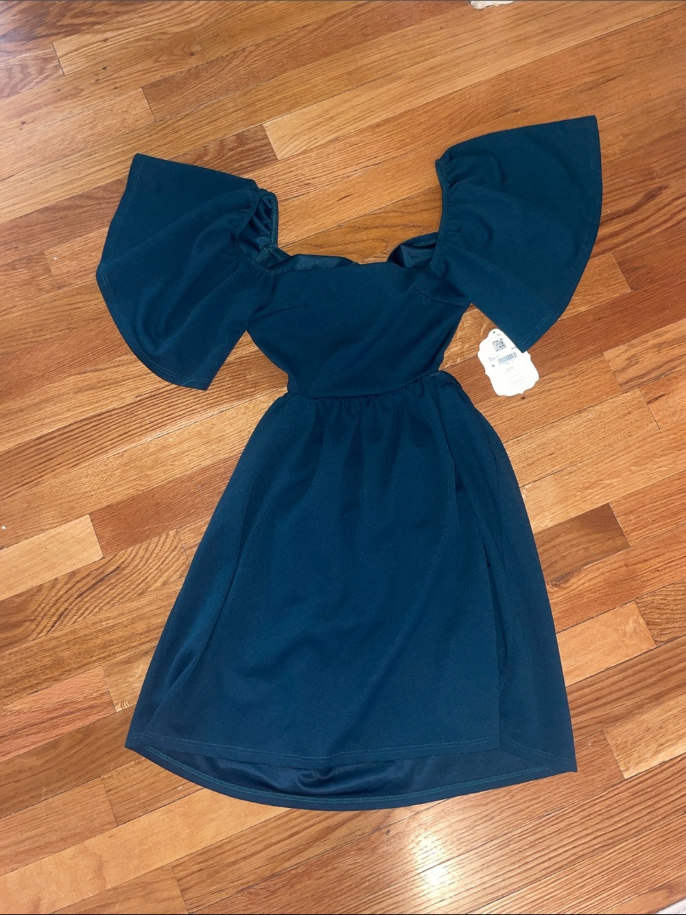 Off-shoulder Flutter Sleeve Dress in forest green